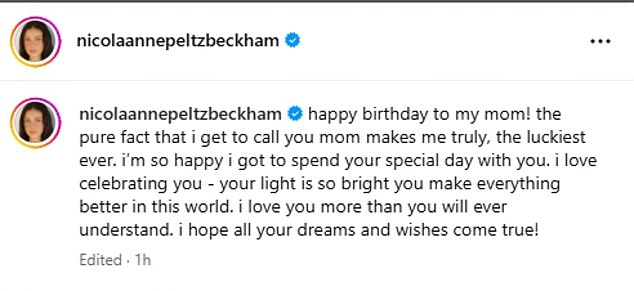 In a lengthy tribute, Nicola penned: 'Happy Birthday to my mom! The pure fact that i get to call you mom makes me truly, the luckiest ever'