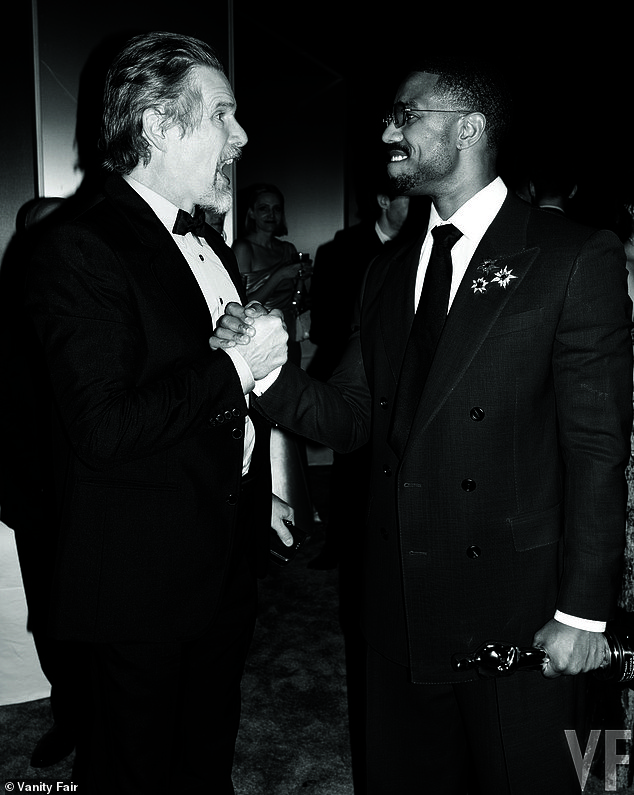 Actor Ethan Hawke embracing Jordan at the party while the 39-year-old holds onto his Oscar