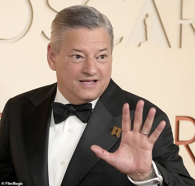 Netflix boss Ted Sarandos (pictured at the Oscars on Sunday) is said to be 'fed up with the pair', according to a critical piece in the US. Netflix and the Sussexes' lawyer has disputed many claims in the Variety feature