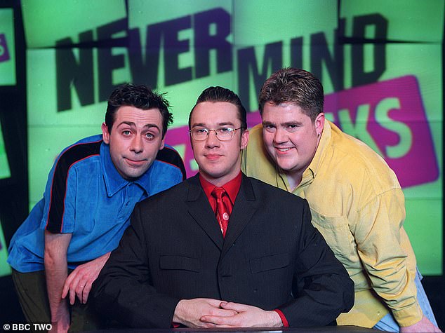Mr Hughes (left, with Mark Lamarr, centre) was well known as a long-standing team captain on quiz show Never Mind the Buzzcocks in 1996, serving opposite Phill Jupitus (right) until 2002