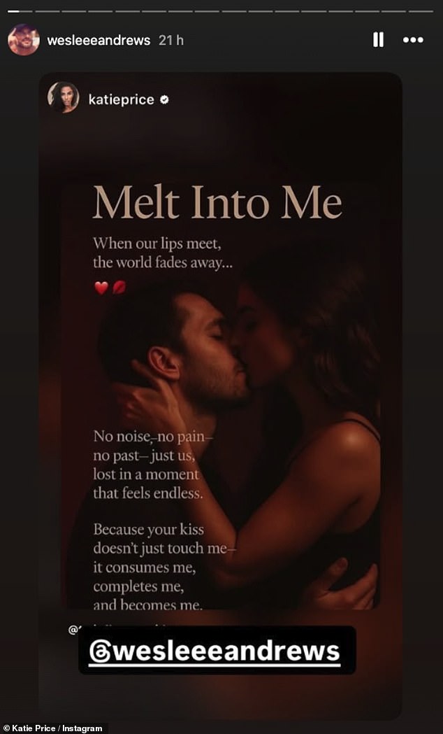 Katie also tagged Lee in a post which read: 'Melt into me, when out lips meet the world fades away'