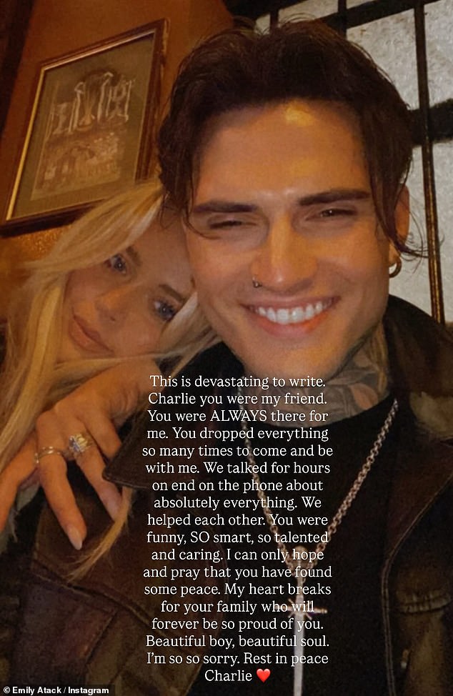 Emily Atack, 36, has revealed the devastating loss of her ex Charlie Edwards as she shared a heartbreaking tribute on Instagram on Thursday
