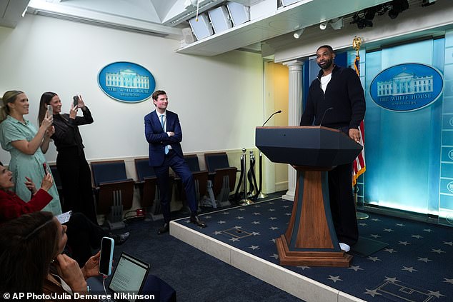 The Canadian 35-year-old (R) was in the White House press briefing room in Washington, DC on Thursday lobbying for college athletes to receive payment