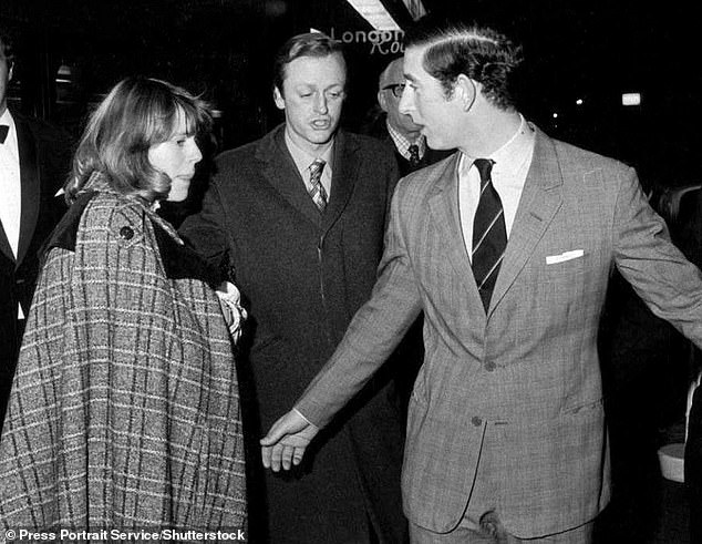 Camilla and Charles had been involved in 1972 which was cut short due to his naval duties. Pictured with her then husband Andrew Parker Bowles and Charles in 1975