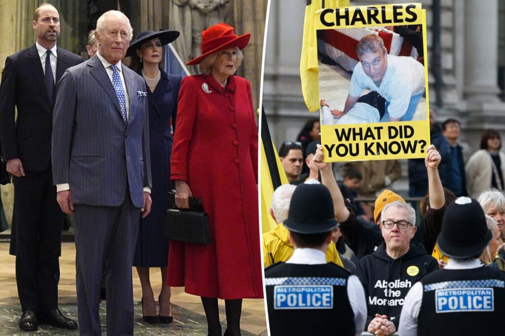 King Charles, Prince William and Kate Middleton heckled by protesters