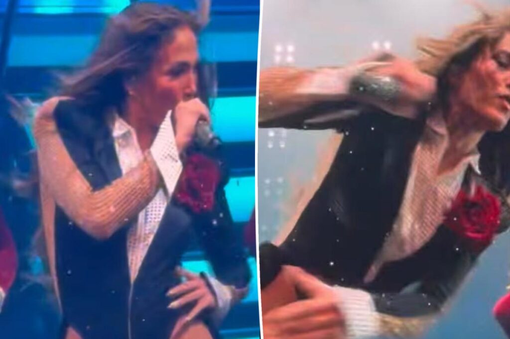 Jennifer Lopez trips and nearly falls on stage during Las Vegas residency show