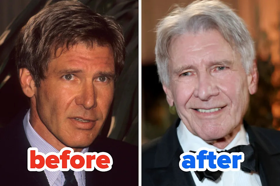 Two side-by-side images showing a person at different ages; on the left with dark hair and suit, on the right with white hair and tuxedo