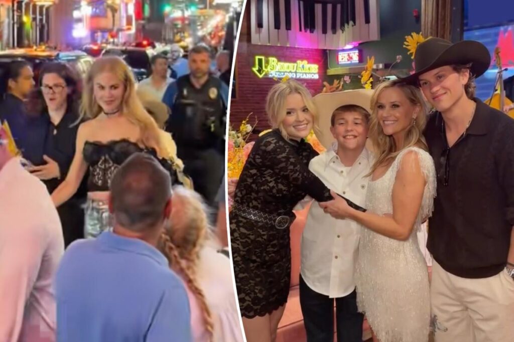 Nicole Kidman wears lace corset and leather pants for Reese Witherspoon’s 50th birthday