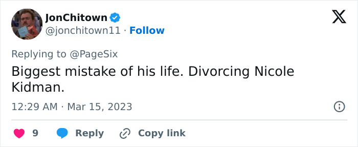 Tweet from JonChitown commenting on divorcing Nicole Kidman related to Keith Urban divorce discussion.