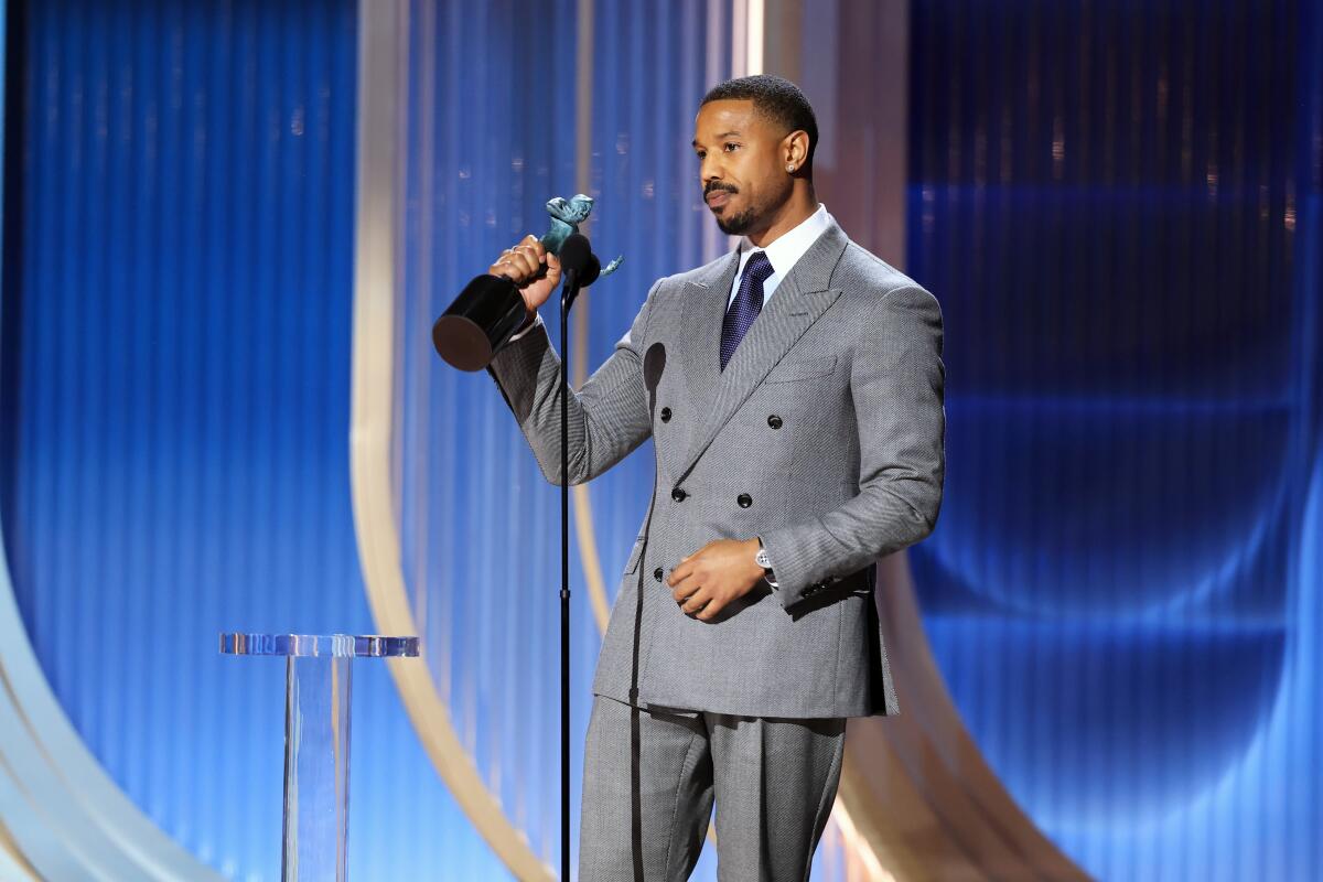 Michael B. Jordan accepts the Actor Award for lead actor at Shrine Auditorium and Expo Hall on March 01, 2026