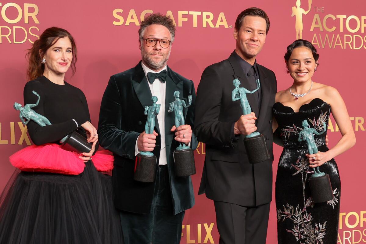 The cast of "The Studio," winners for performance by an ensemble in a comedy series at the Actor Awards.