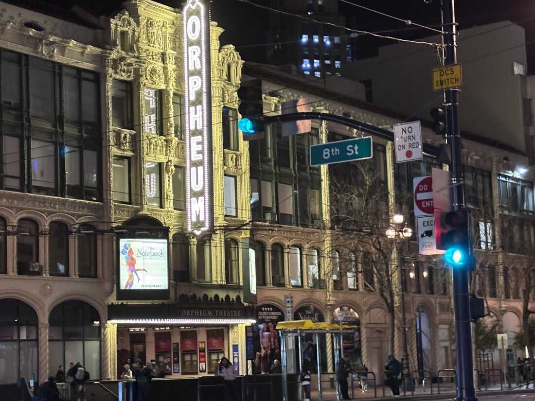 The outside of The Orpheum Theatre in San Francisco, where the inaugural Solo Seats event took place around a performance of the touring production of The Notebook on Feb. 19, 2026.