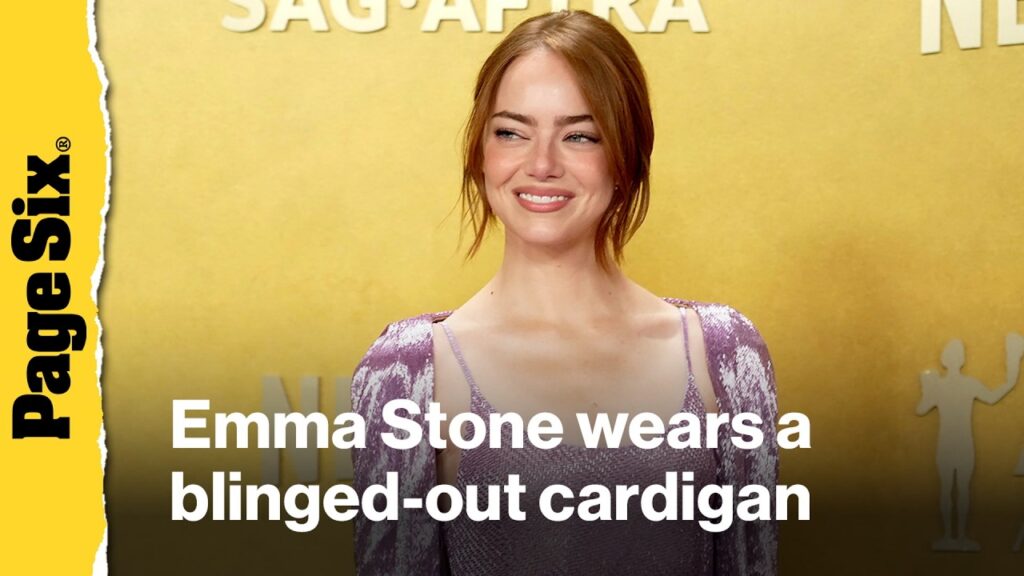 Emma Stone wears a blinged-out cardigan on the SAG Actor Awards 2026 red carpet