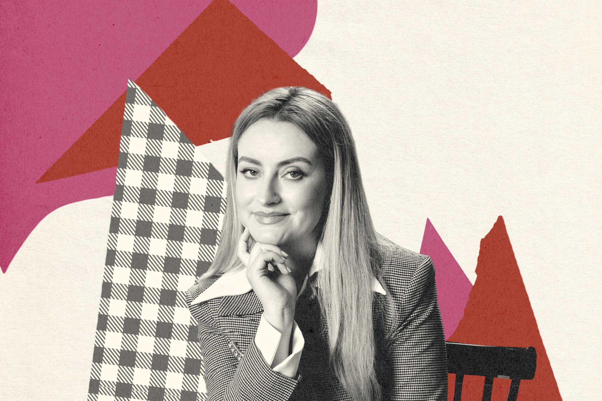 Photo of a woman with pink, red, and gingham shapes collaged behind her