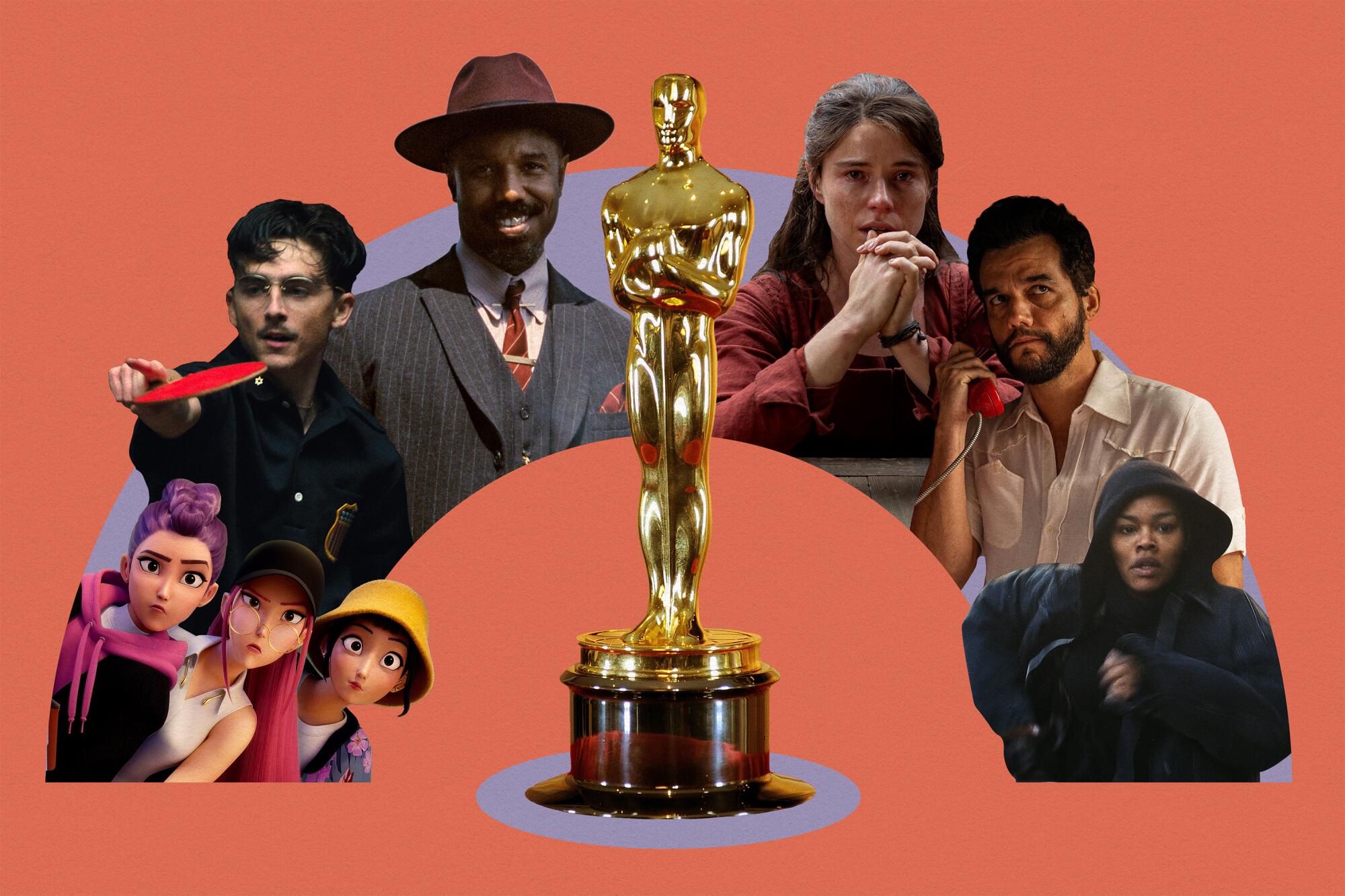 Oscar statue surrounded by images from nominated films.