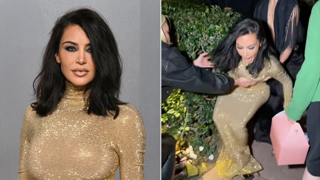Kim Kardashian stumbles in gold Gucci gown at Hollywood Oscars party