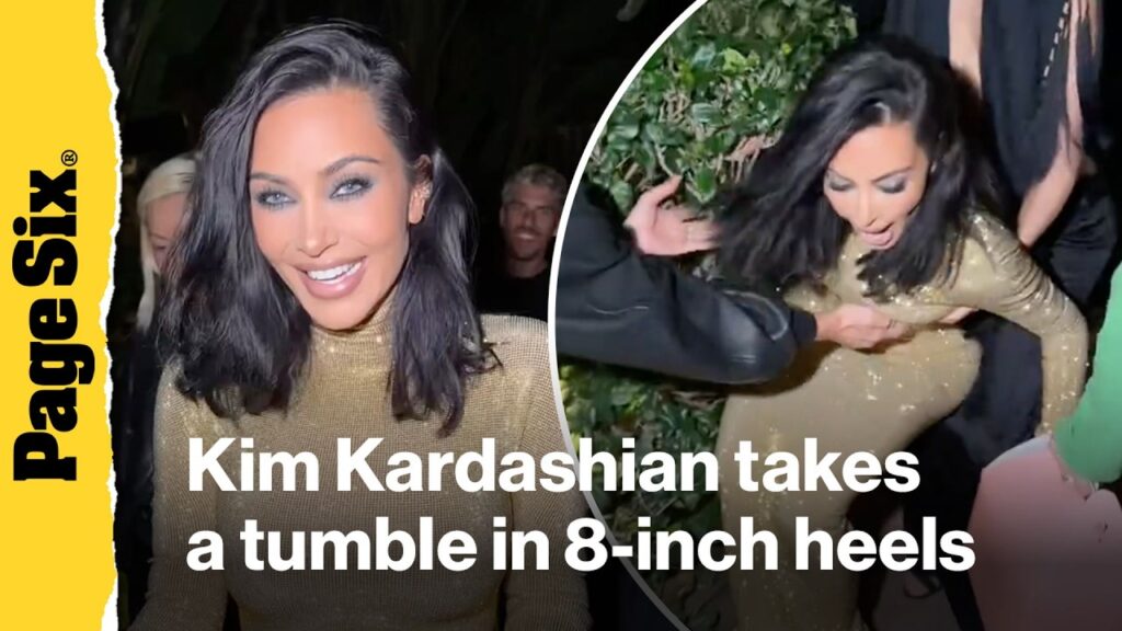 Kim Kardashian takes a tumble in 8-inch heels while walking into Vanity Fair Oscars Party 2026