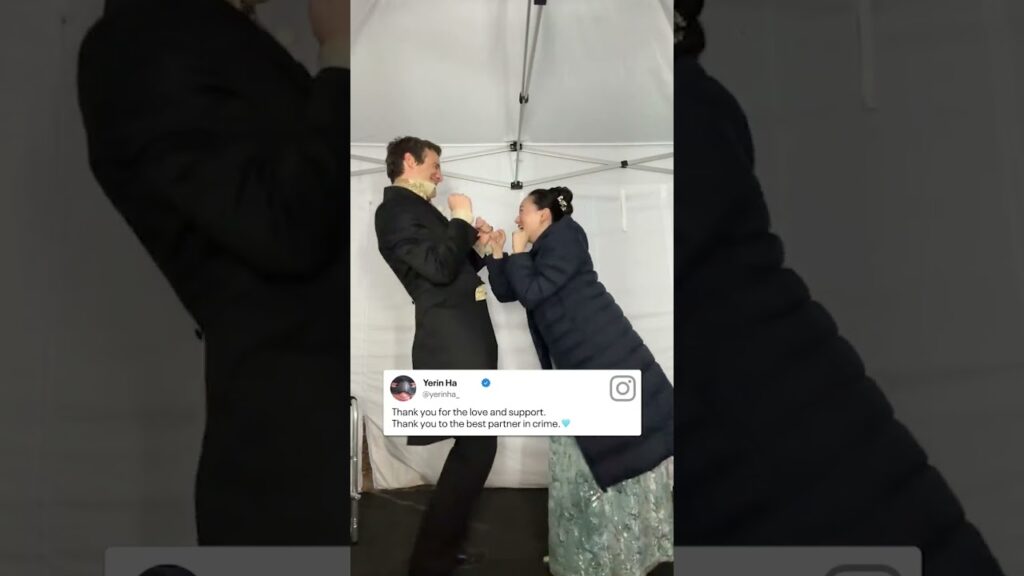 The Bridgerton to my Baek 🥹 Yerin Ha celebrates with co star Luke Thompson. (🎥: IG/yerinha_)
