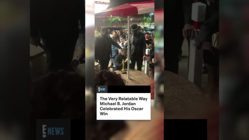 Michael B. Jordan celebrates winning his first Academy Award. 😂🍔 (🎥: IG/@laurmelella)