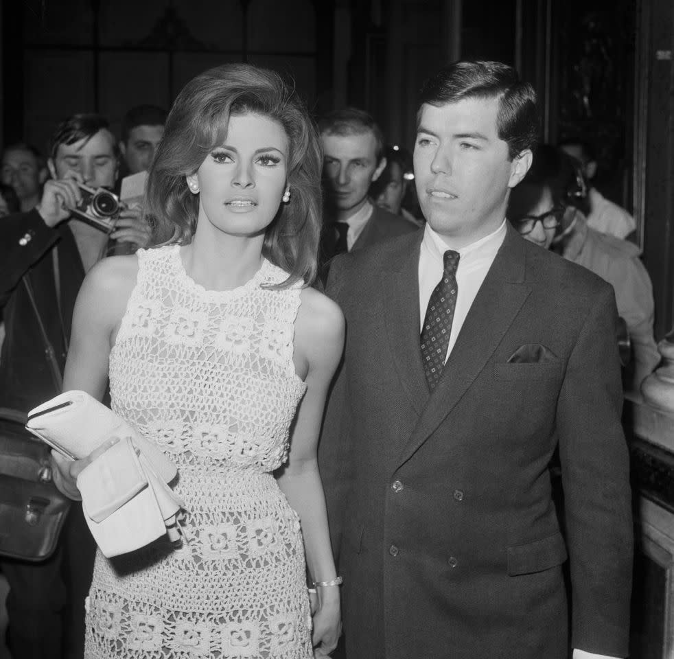 Raquel Welch and Patrick Curtis pose for a photo on their wedding day in Paris on Feb. 14, 1967Credit: KEYSTONE-FRANCE/Gamma-Rapho via Getty
