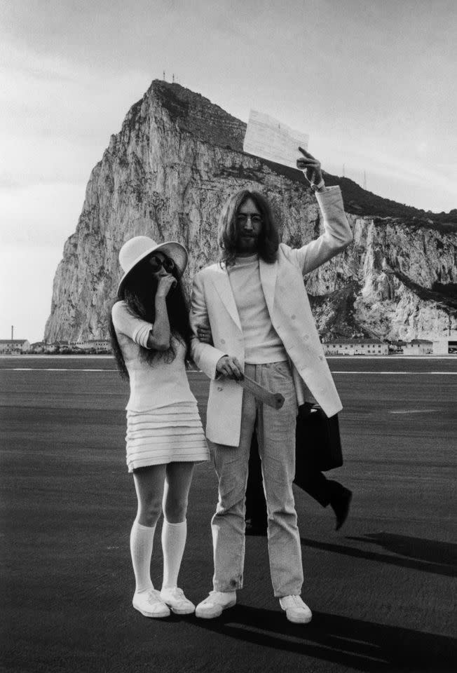 Yoko Ono and John Lennon pose for a photo on their wedding day in Gibraltar on March 20, 1969Credit: Simpson/Express/Getty