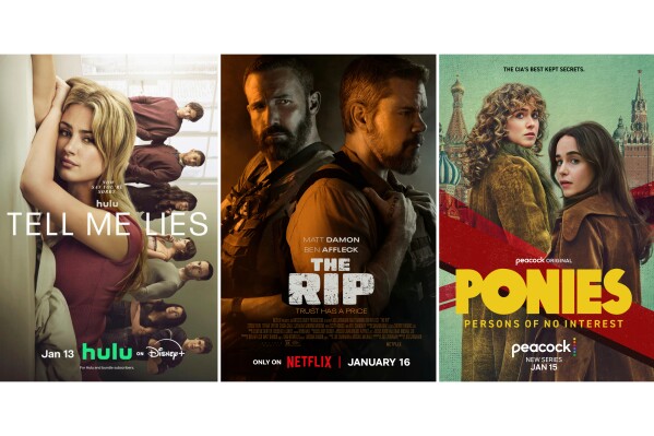 This combination of images show promotional art for the series "Tell Me Lies," left, the film "The Rip," center, and the series "Ponies." (Hulu/Netflix/Peacock via AP)