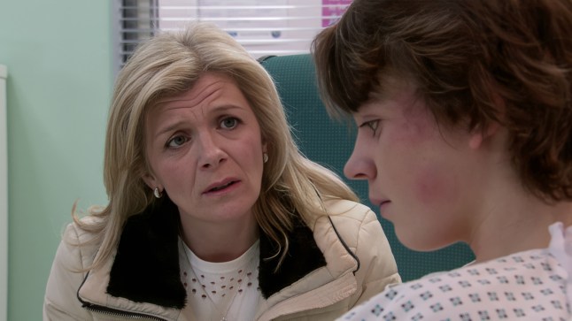 Leanne Battersby sits beside Sam Blakeman's hospital bed