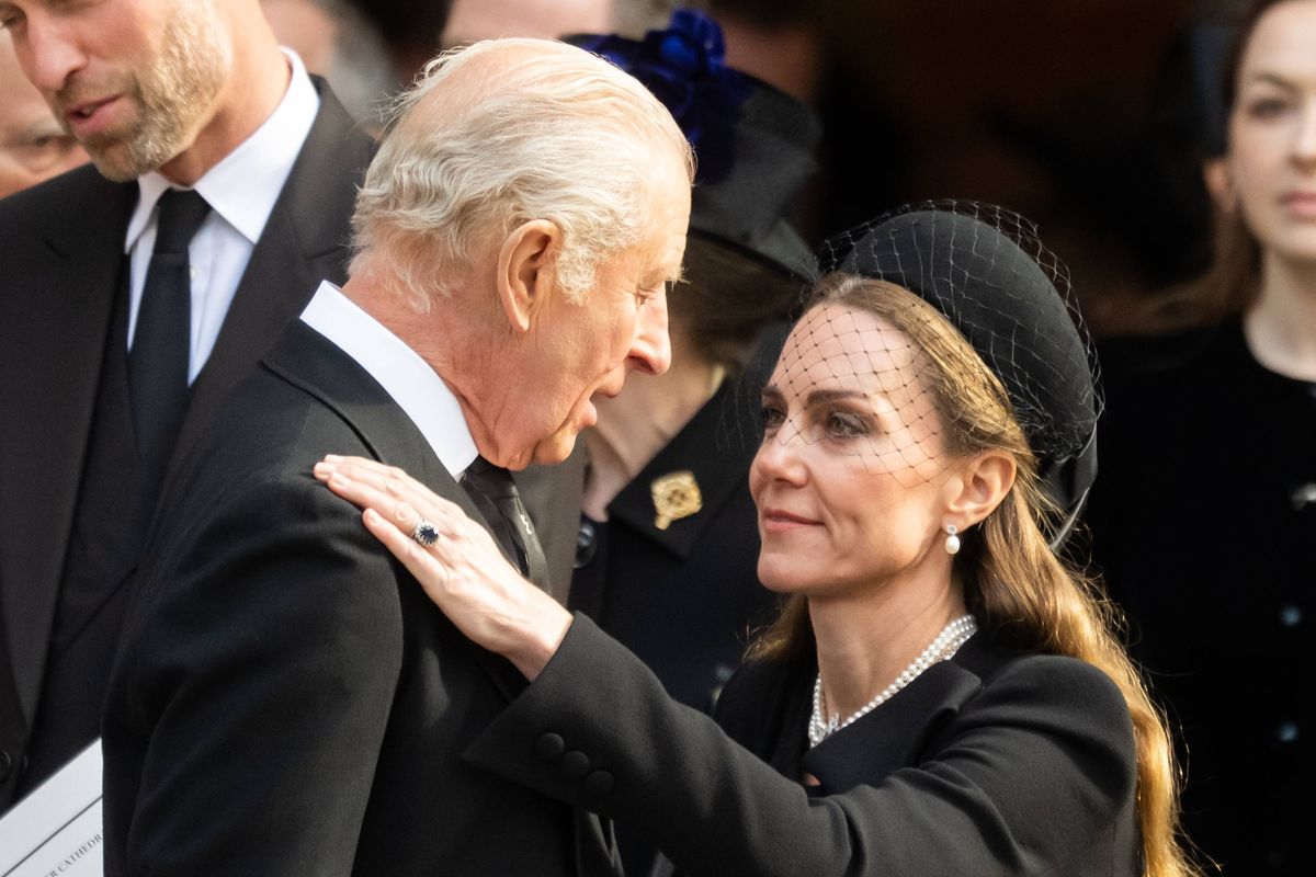 LONDON, ENGLAND - SEPTEMBER 16: King Charles III and Catherine, Princess of Wales attend the funeral of The Duchess of Kent at Westminster Cathedral on September 16, 2025 in London, England. Katharine, Duchess of Kent was married Prince Edward, Duke of Kent, the first cousin of Queen Elizabeth II. She died on September 4 at the age of 92 at Kensington Palace surrounded by her family. Having converted to Catholicism in 1994, her funeral takes place at Westminster Cathedral and is the first Catholic funeral to be held for a member of the royal family in modern British history. Her Royal Highness will be laid to rest at the Royal Burial Ground at Frogmore, Windsor. (Photo by Samir Hussein/WireImage)