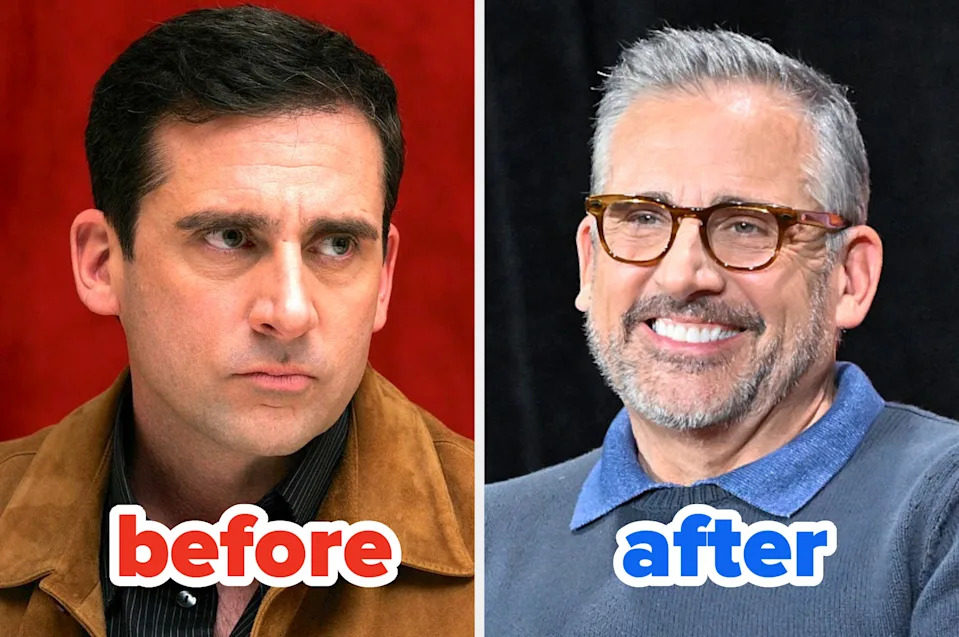Two images side by side. Left: Person looks serious. Right: Same person, smiling with glasses and grey beard. Labeled "before" and "after."