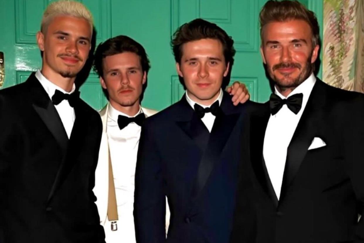 Romeo Beckham, Cruz Beckham, Brooklyn Beckham and David Beckham pose in suits in an Instagram photo Cruz shared on Sept. 1, 2024Credit: Cruz Beckham/Instagram