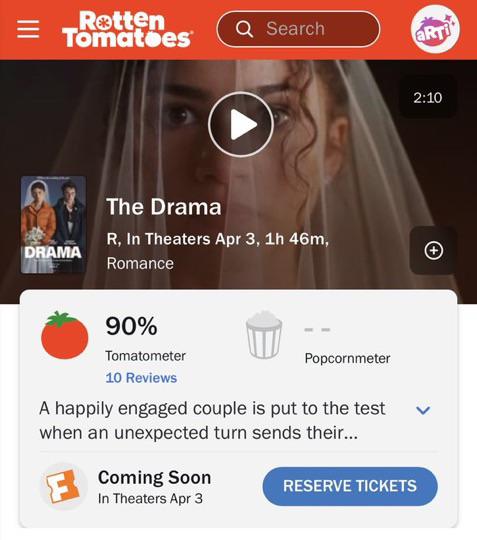 ‘THE DRAMA’ starring Zendaya and Robert Pattinson debuts with a 90% score on Rotten Tomatoes.