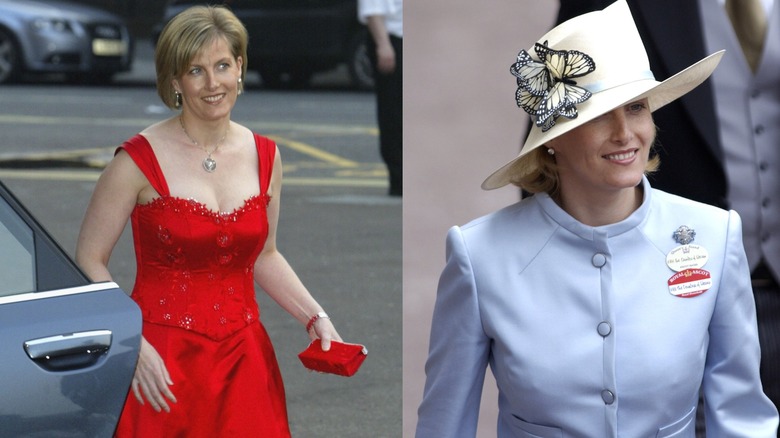 Sophie, Duchess of Edinburgh in a red dress then wearing a hat with butterflies on it