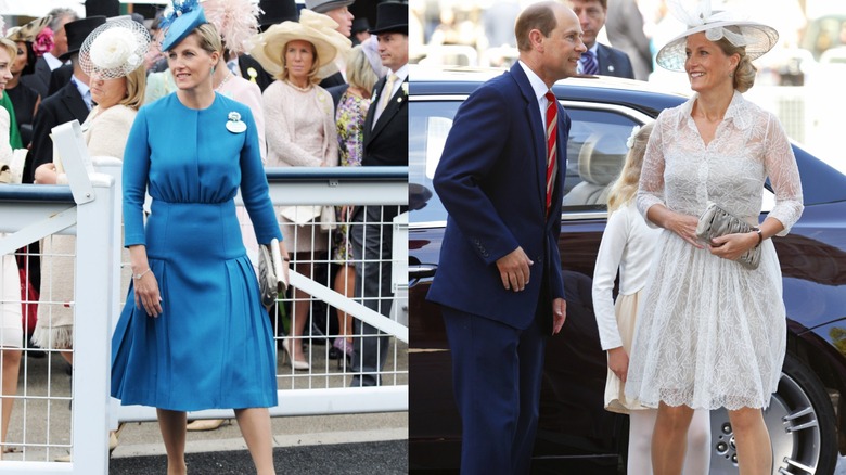 Sophie, Duchess of Edinburgh attends events in a blue dress and white lace dress both with midi skirts