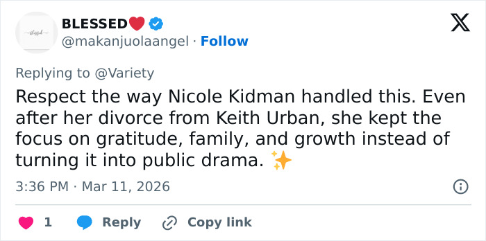 Tweet discussing Nicole Kidman’s response to Keith Urban divorce, focusing on gratitude, family, and growth over drama.