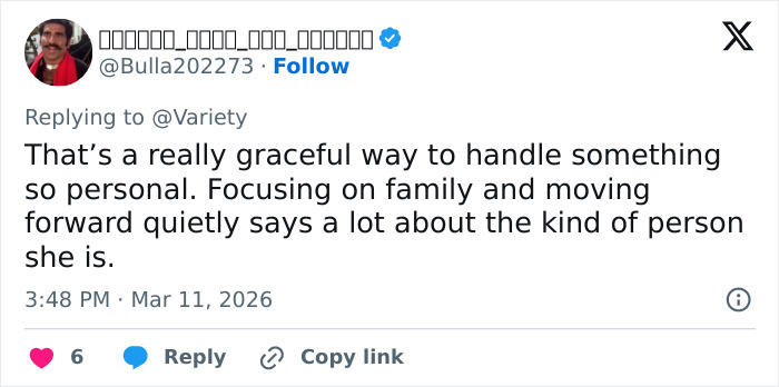 Tweet discussing Nicole Kidman breaking silence on Keith Urban divorce, highlighting grace and focus on family.