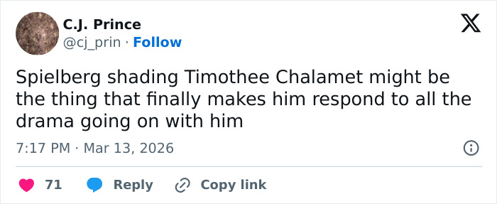 Tweet by C.J. Prince discussing Steven Spielberg shading Timothée Chalamet amid ongoing drama.