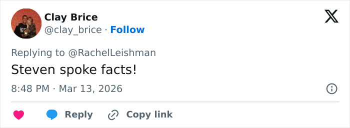 Tweet by Clay Brice replying about Steven Spielberg’s comments on Timothée Chalamet before the Oscars ceremony.