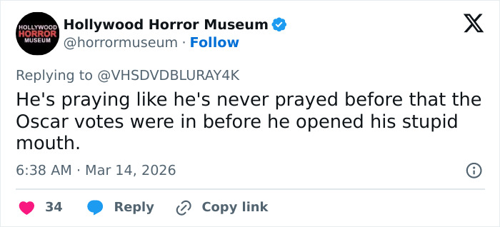 Screenshot of a Twitter reply from Hollywood Horror Museum commenting on Oscar votes and Timothée Chalamet.