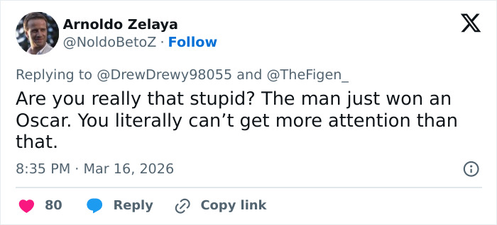 Screenshot of a tweet discussing Michael B. Jordan winning an Oscar and attention he received afterward.