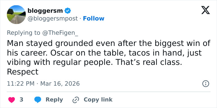 Tweet praising Michael B. Jordan for staying grounded after the Oscars, showing humility and class with tacos in hand.
