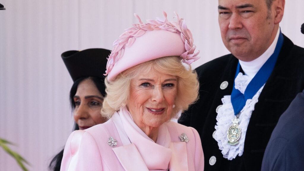 Queen Camilla sparkles in a pair of heirloom diamond brooches as she welcomes the President and First Lady of Nigeria to Windsor