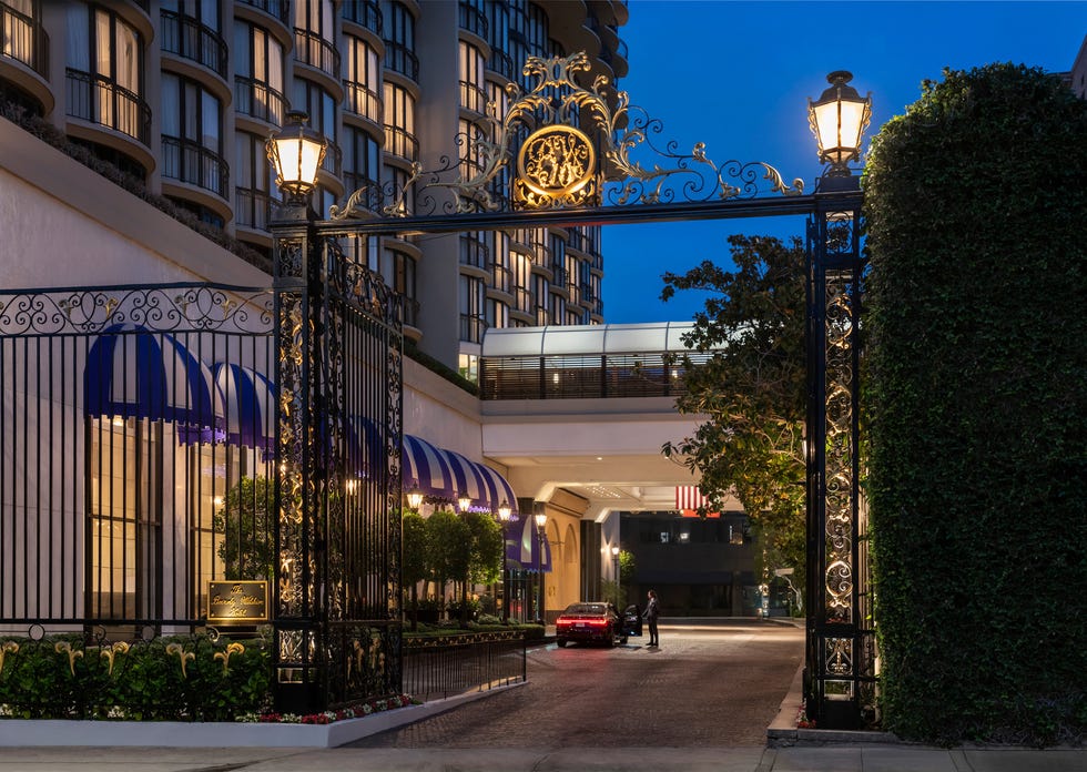 entrance of a luxury hotel showcasing ornate gates and canopied windows