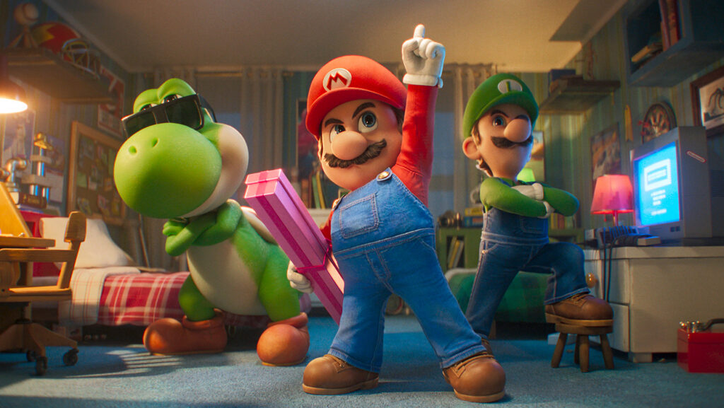 L to R: Yoshi (Donald Glover), Mario (Chris Pratt) and Luigi (Charlie Day) in Nintendo and Illumination’s The Super Mario Galaxy Movie, directed by Aaron Horvath and Michael Jelenic.