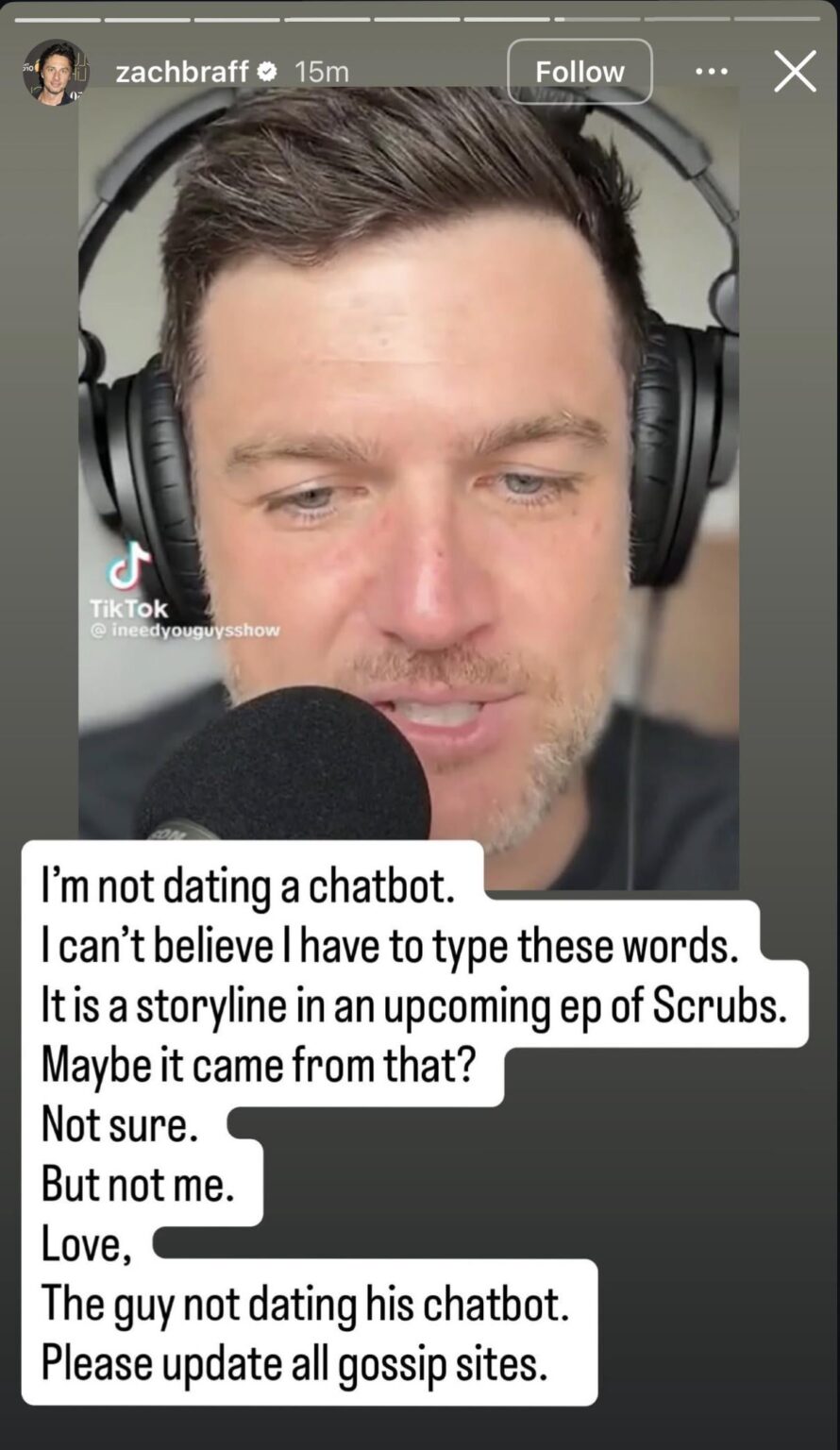 Zach Braff denies AI girlfriend rumors, calls out podcast.