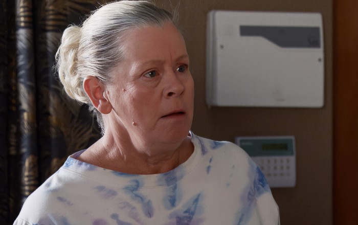 Bernie looks spooked in a scene from Coronation Street