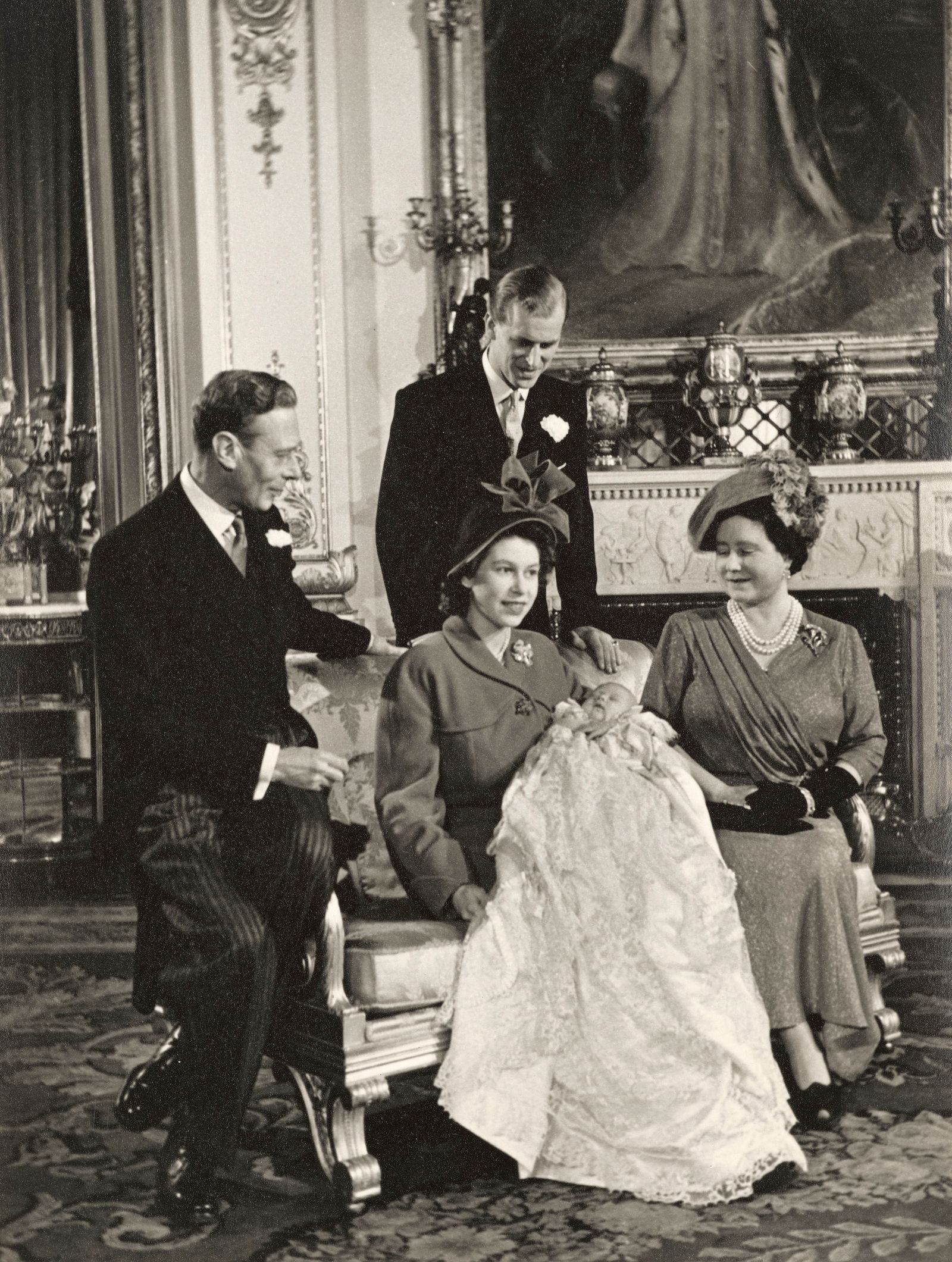 Image may contain George VI Queen Elizabeth The Queen Mother Elizabeth II Philip Tomalin Person and Clothing