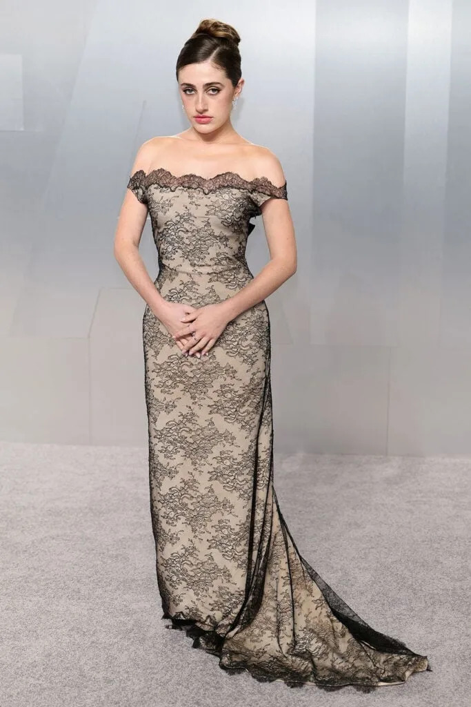 Rachel Sennott Vanity Fair Oscar Party 2026 Balenciaga, Rachel Sennott Balenciaga lace dress Vanity Fair Oscar Party, Vanity Fair Oscar Party 2026 red carpet Rachel Sennott, Balenciaga lined lace gown Rachel Sennott Vanity Fair Oscar Party