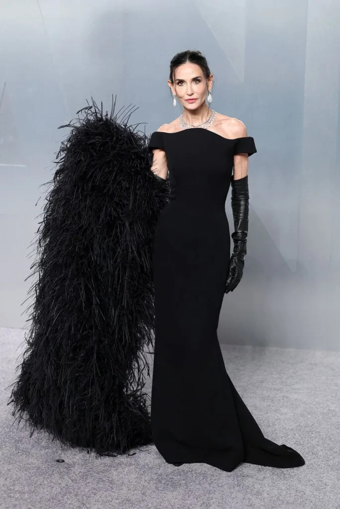 Demi Moore Vanity Fair Oscar Party 2026 Balenciaga, Demi Moore Balenciaga Vanity Fair Oscar Party, Vanity Fair Oscar Party 2026 red carpet Demi Moore, Balenciaga signature silhouette Demi Moore Vanity Fair Oscar Party