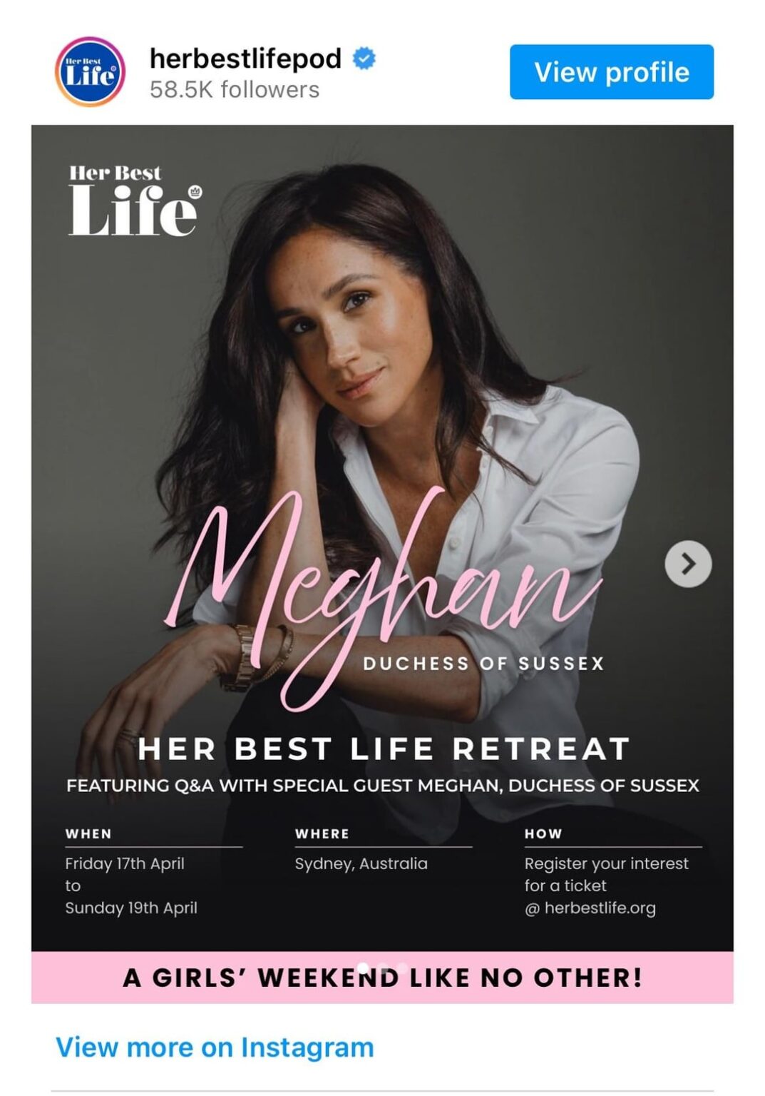 Meghan to be special guest at Her Best Life Retreat in Sydney, VIP tickets to include group photo with the duchess for $3199!