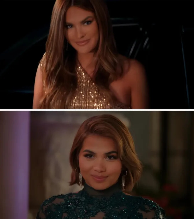 In the image, Sofia Vergara is wearing a sparkling dress and Hayley Kiyoko is dressed in an elegant outfit with lace details
